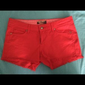 PAIGE Red Denim Cutoff Shorts